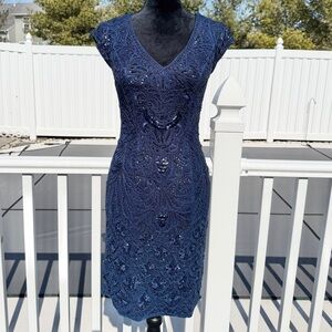 Sue Wong Nocturne Blue Embellished Illusion Back Sheath Dress Size 6